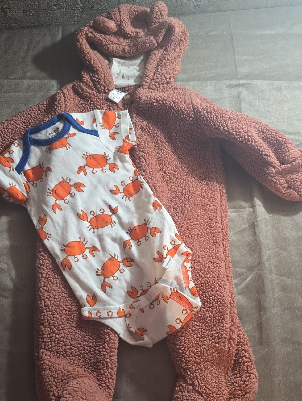 Carter's Mauve Teddy Hooded One-Piece with Crab Print Bodysuit